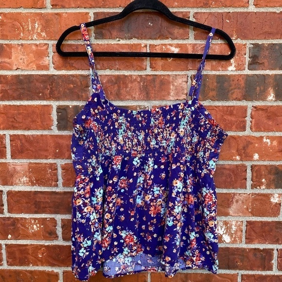 Torrid 1 Womens Blue Floral Multicolor Challis Shirred Back Spaghetti Strap Tank - Picture 3 of 8